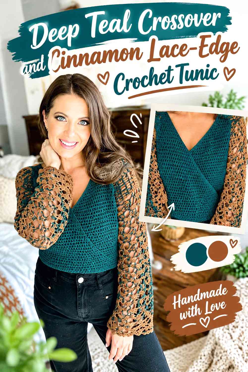 Deep Teal Crossover and Cinnamon Lace-Edge Crochet Tunic