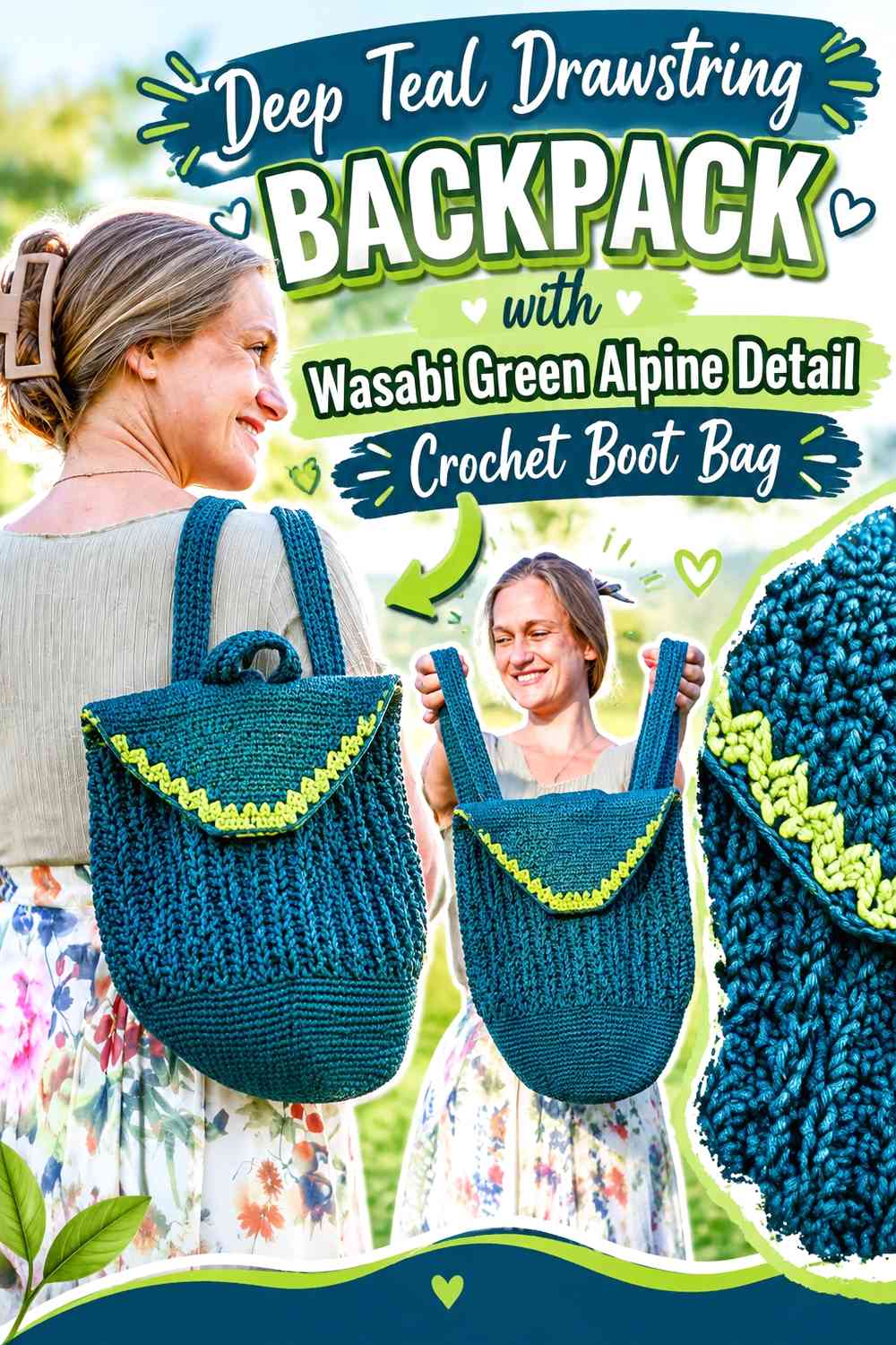 Deep Teal Drawstring Backpack with Wasabi Green Alpine Detail Crochet Boot Bag