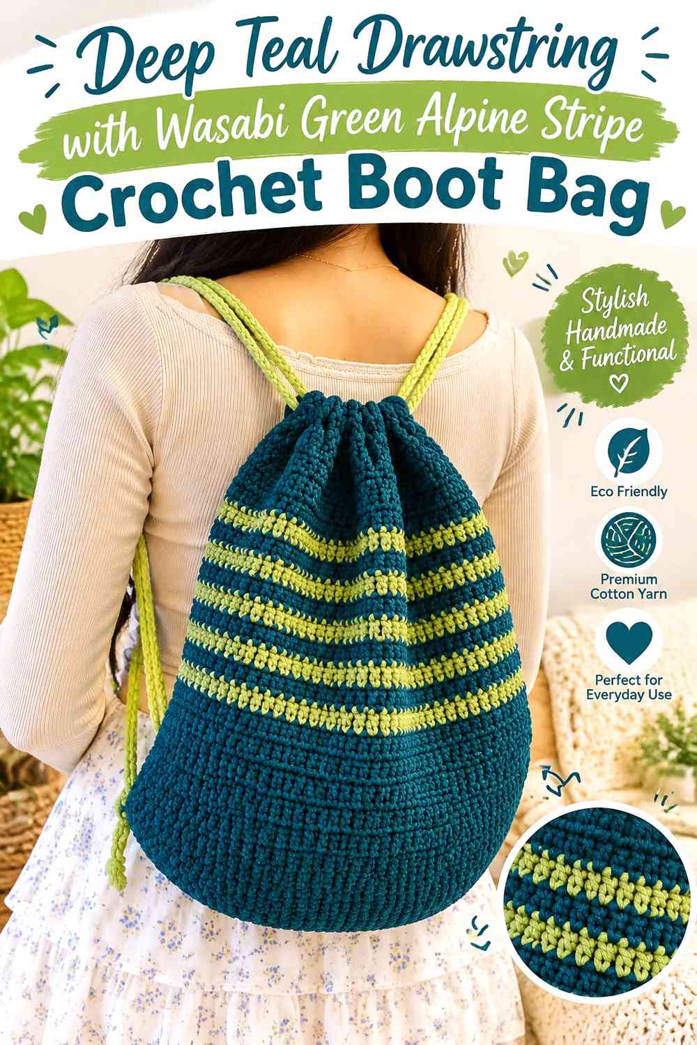 Deep Teal Drawstring with Wasabi Green Alpine Stripe Crochet Boot Bag