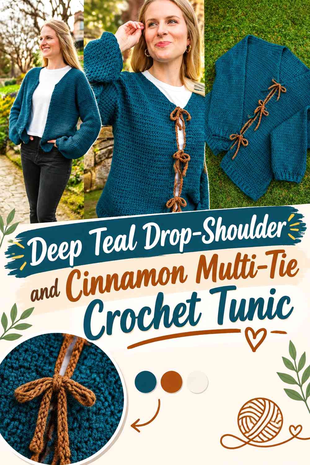 Deep Teal Drop-Shoulder and Cinnamon Multi-Tie Crochet Tunic