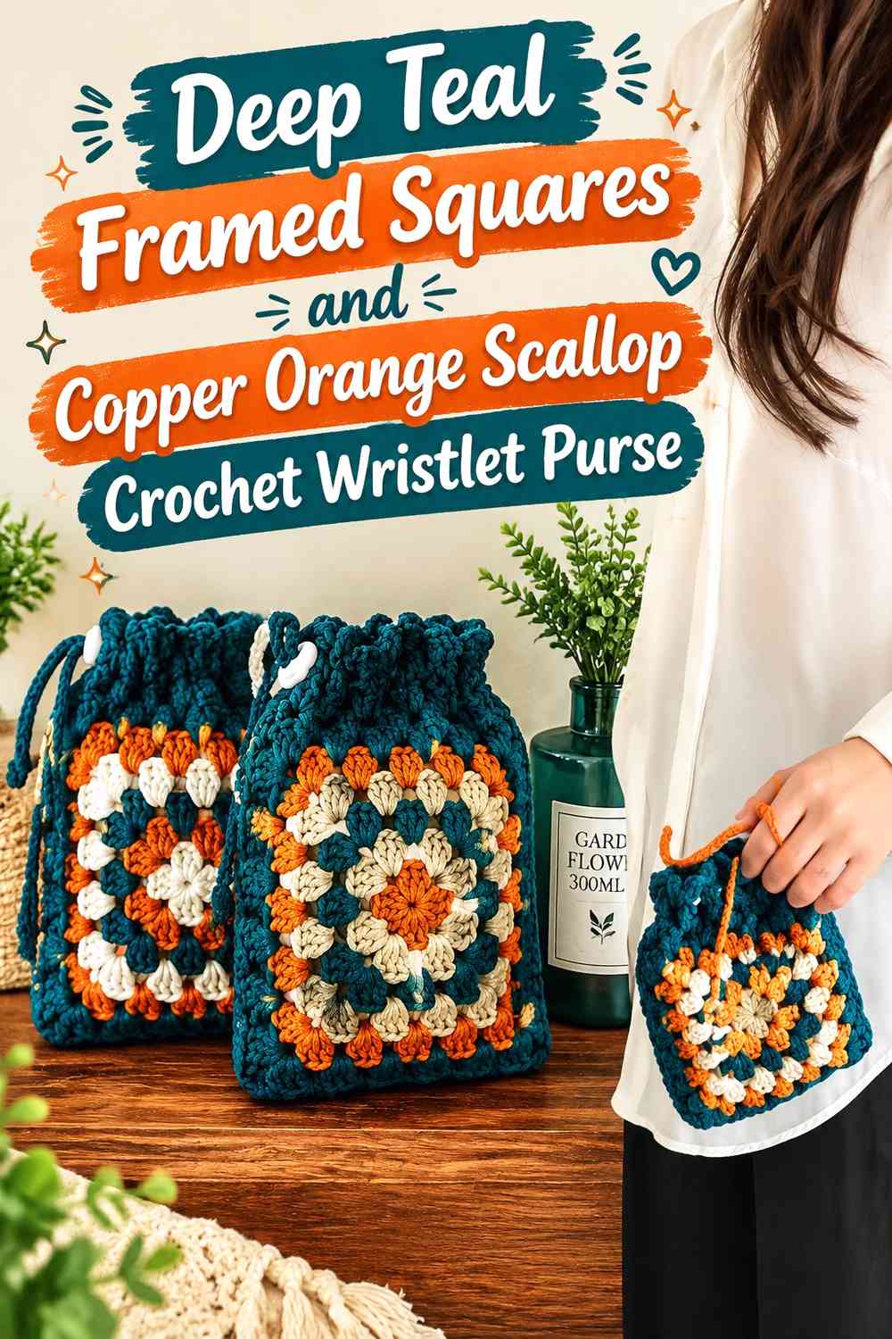 Deep Teal Framed Squares and Copper Orange Scallop Crochet Wristlet Purse