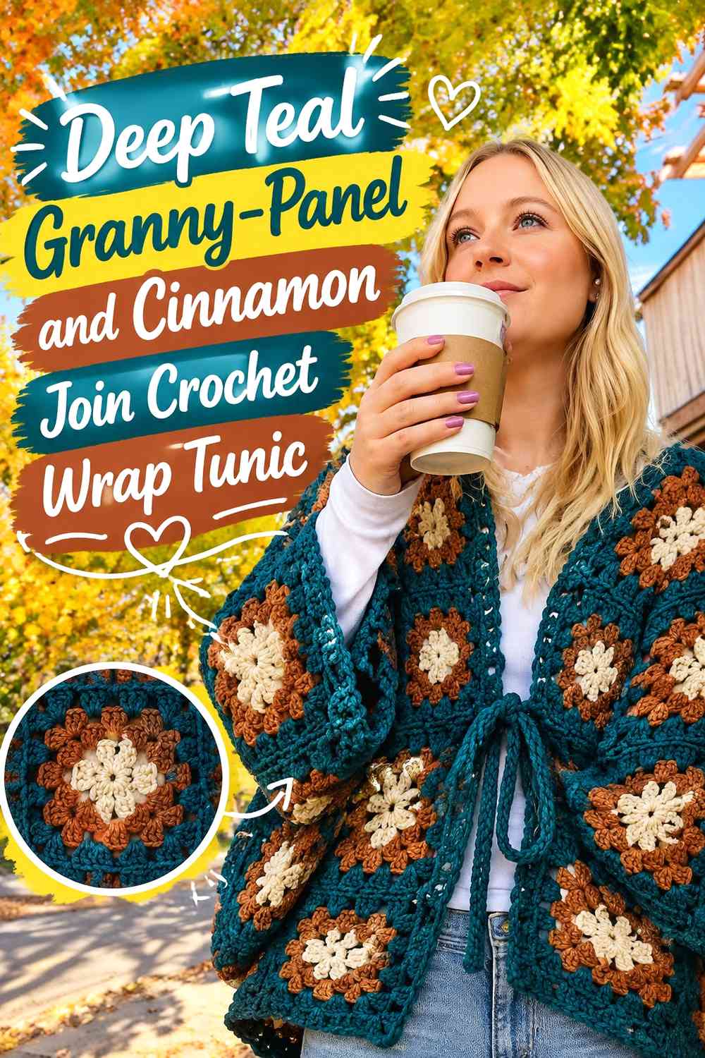 Deep Teal Granny-Panel and Cinnamon Join Crochet Wrap Tunic