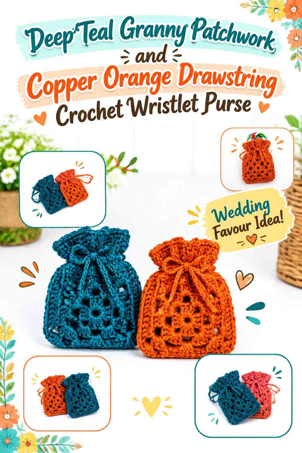 Deep Teal Granny Patchwork and Copper Orange Drawstring Crochet Wristlet Purse