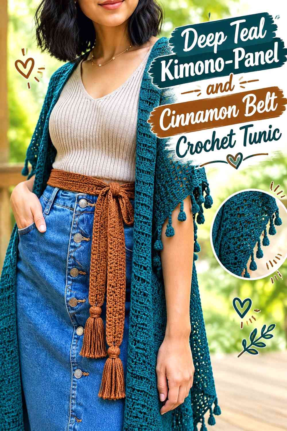 Deep Teal Kimono-Panel and Cinnamon Belt Crochet Tunic