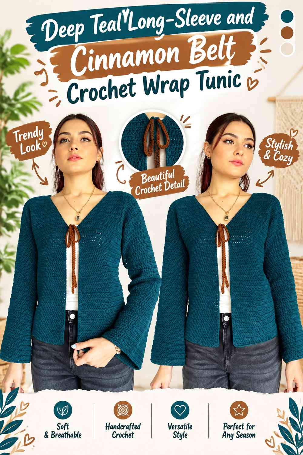 Deep Teal Long-Sleeve and Cinnamon Belt Crochet Wrap Tunic