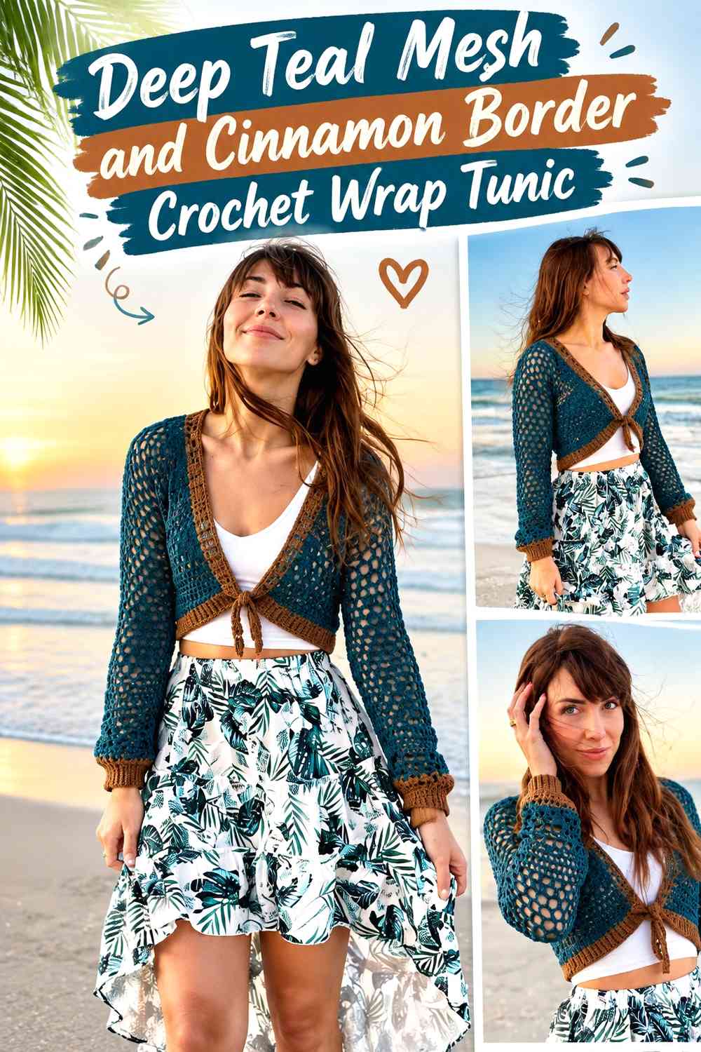 Deep Teal Mesh and Cinnamon Border Crochet Wrap Tunic