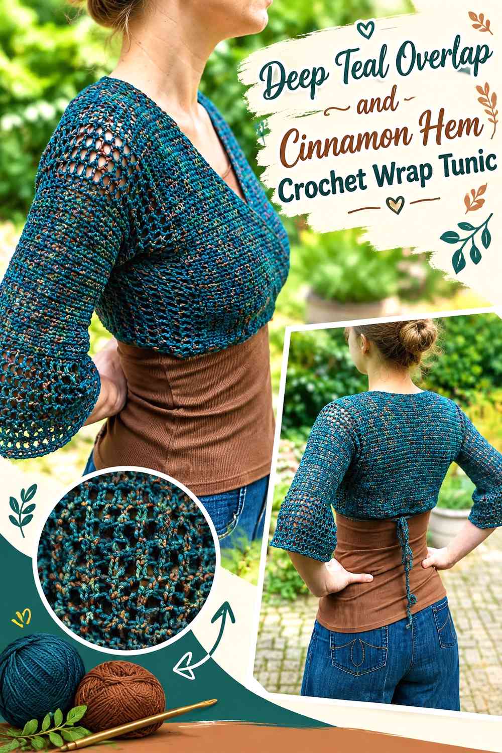 Deep Teal Overlap and Cinnamon Hem Crochet Wrap Tunic