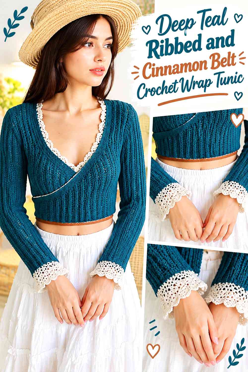 Deep Teal Ribbed and Cinnamon Belt Crochet Wrap Tunic