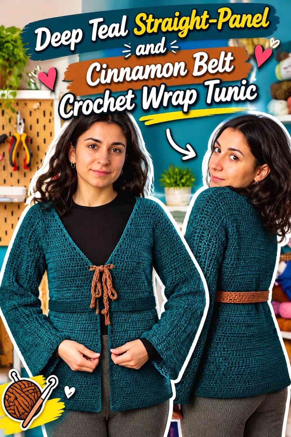 Deep Teal Straight-Panel and Cinnamon Belt Crochet Wrap Tunic