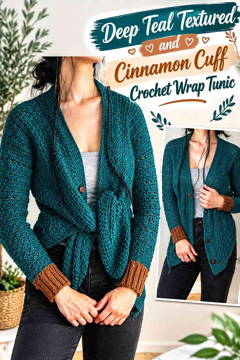 Deep Teal Textured and Cinnamon Cuff Crochet Wrap Tunic