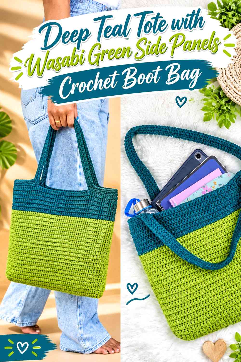 Deep Teal Tote with Wasabi Green Side Panels Crochet Boot Bag