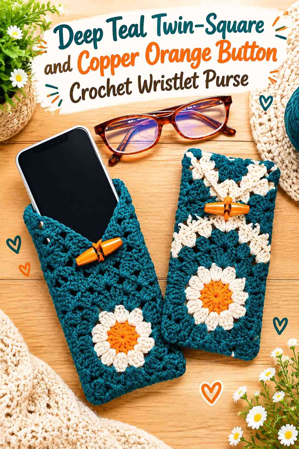 Deep Teal Twin-Square and Copper Orange Button Crochet Wristlet Purse
