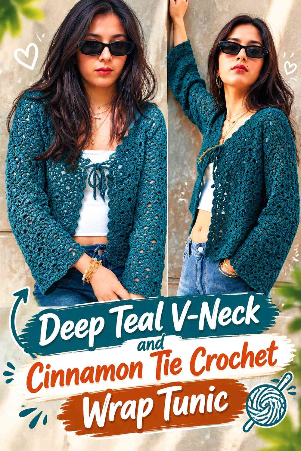 Deep Teal V-Neck and Cinnamon Tie Crochet Wrap Tunic