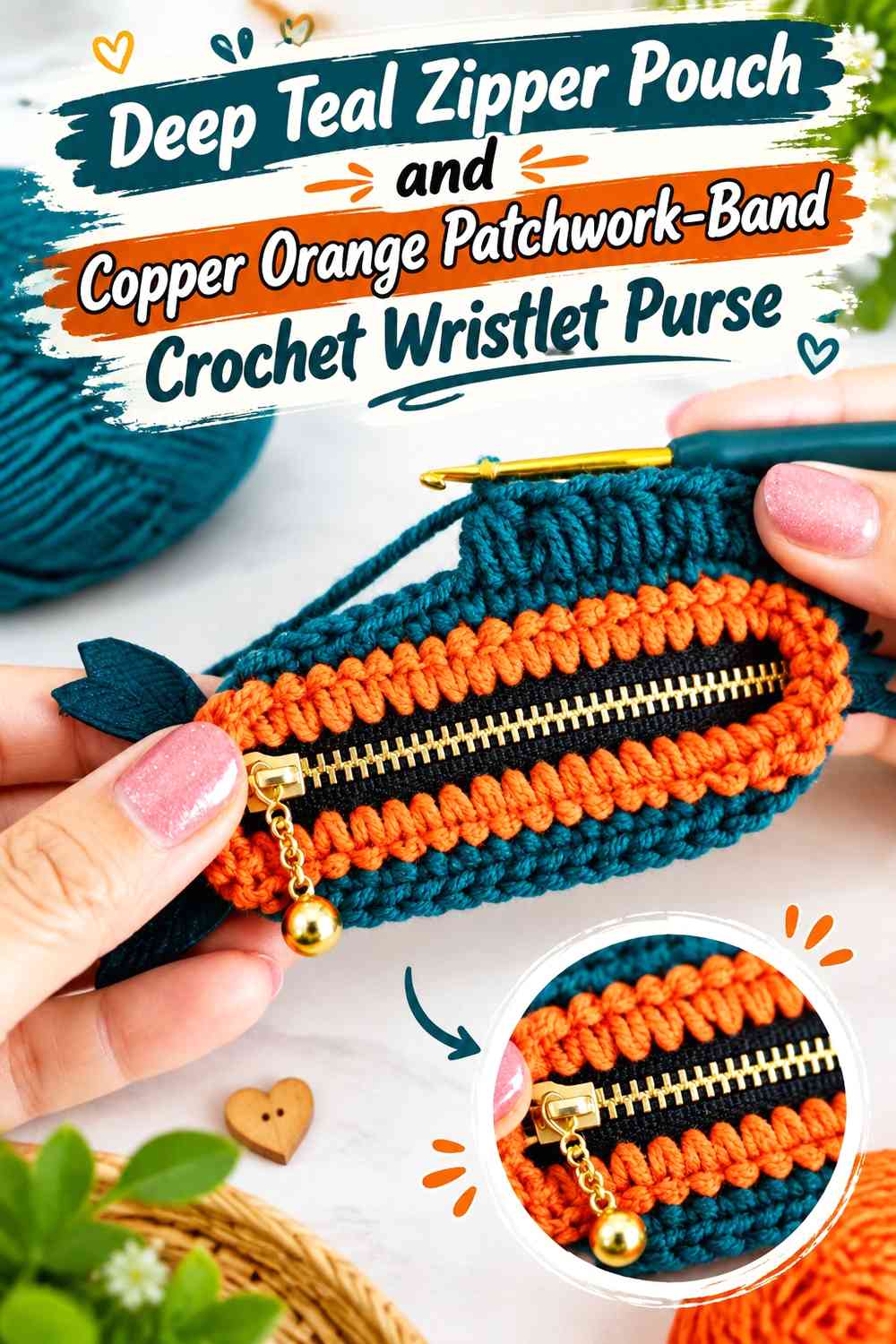 Deep Teal Zipper Pouch and Copper Orange Patchwork-Band Crochet Wristlet Purse