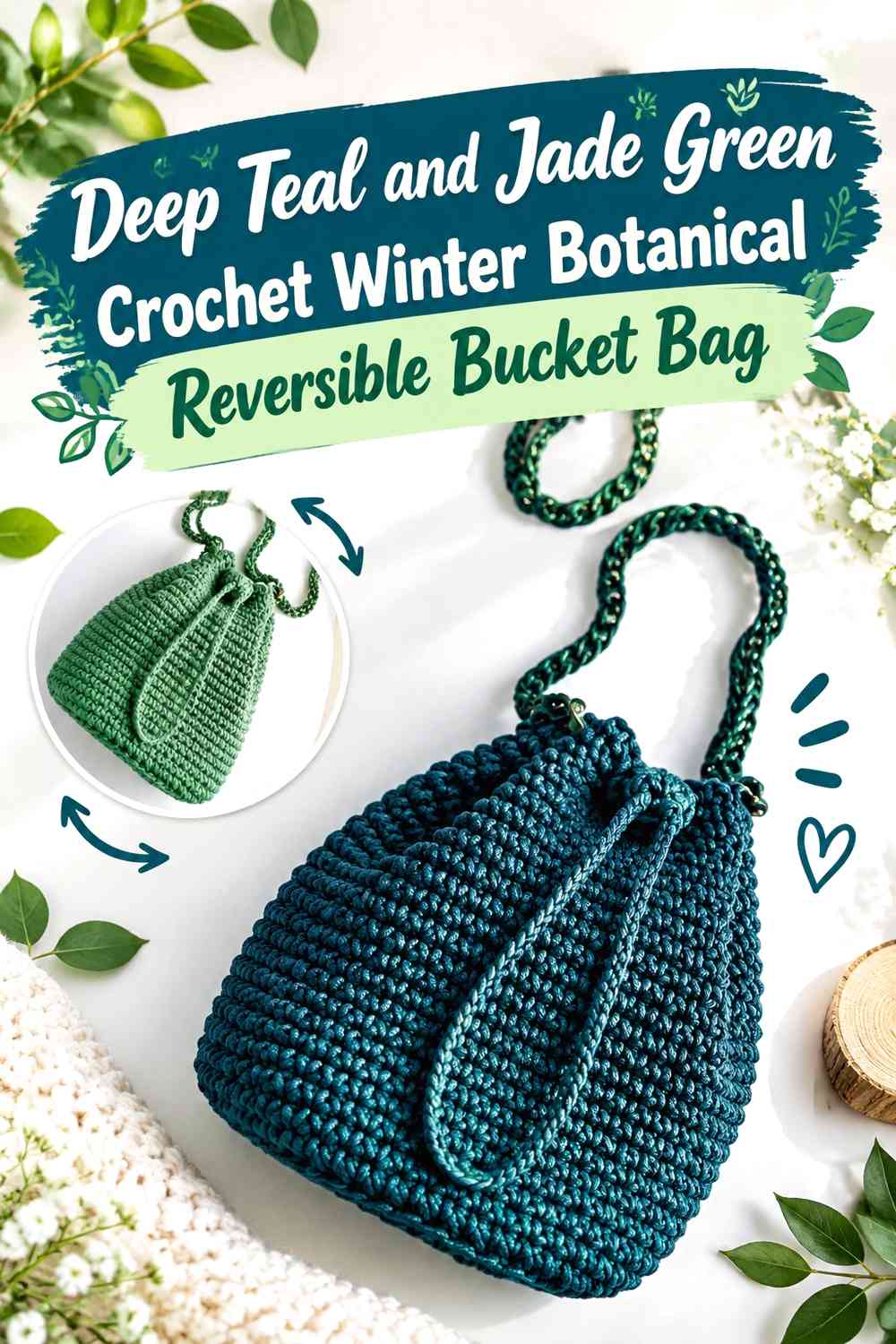 Deep Teal and Jade Green Crochet Winter Botanical Reversible Bucket Bag