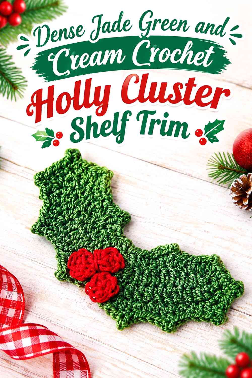Dense Jade Green and Cream Crochet Holly Cluster Shelf Trim