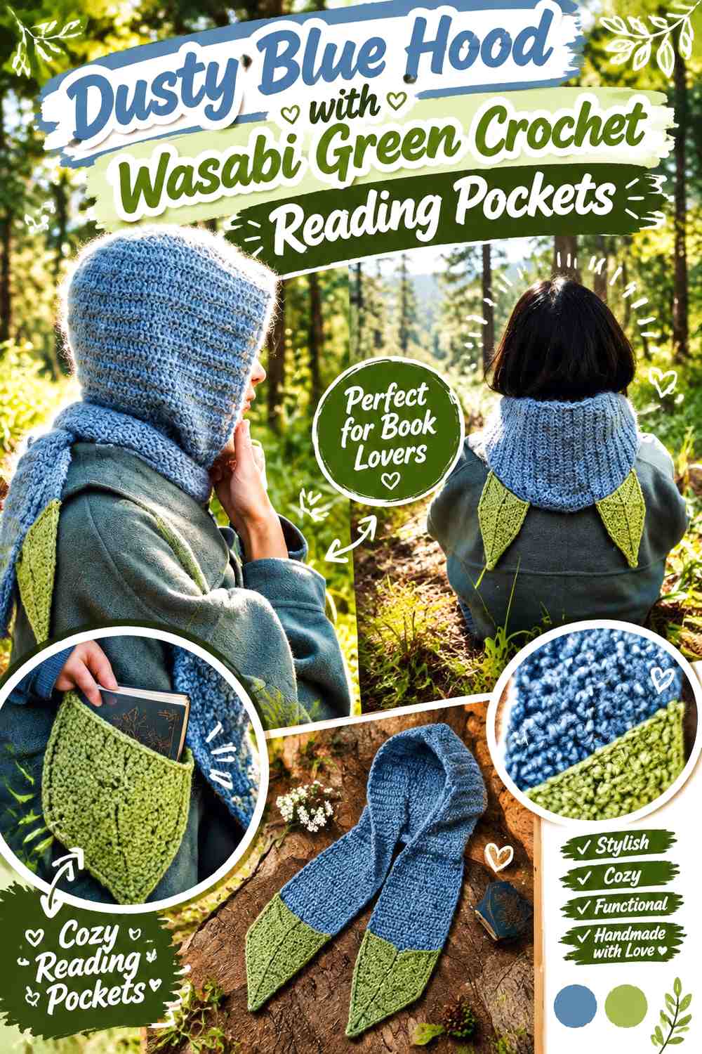 Dusty Blue Hood with Wasabi Green Crochet Reading Pockets