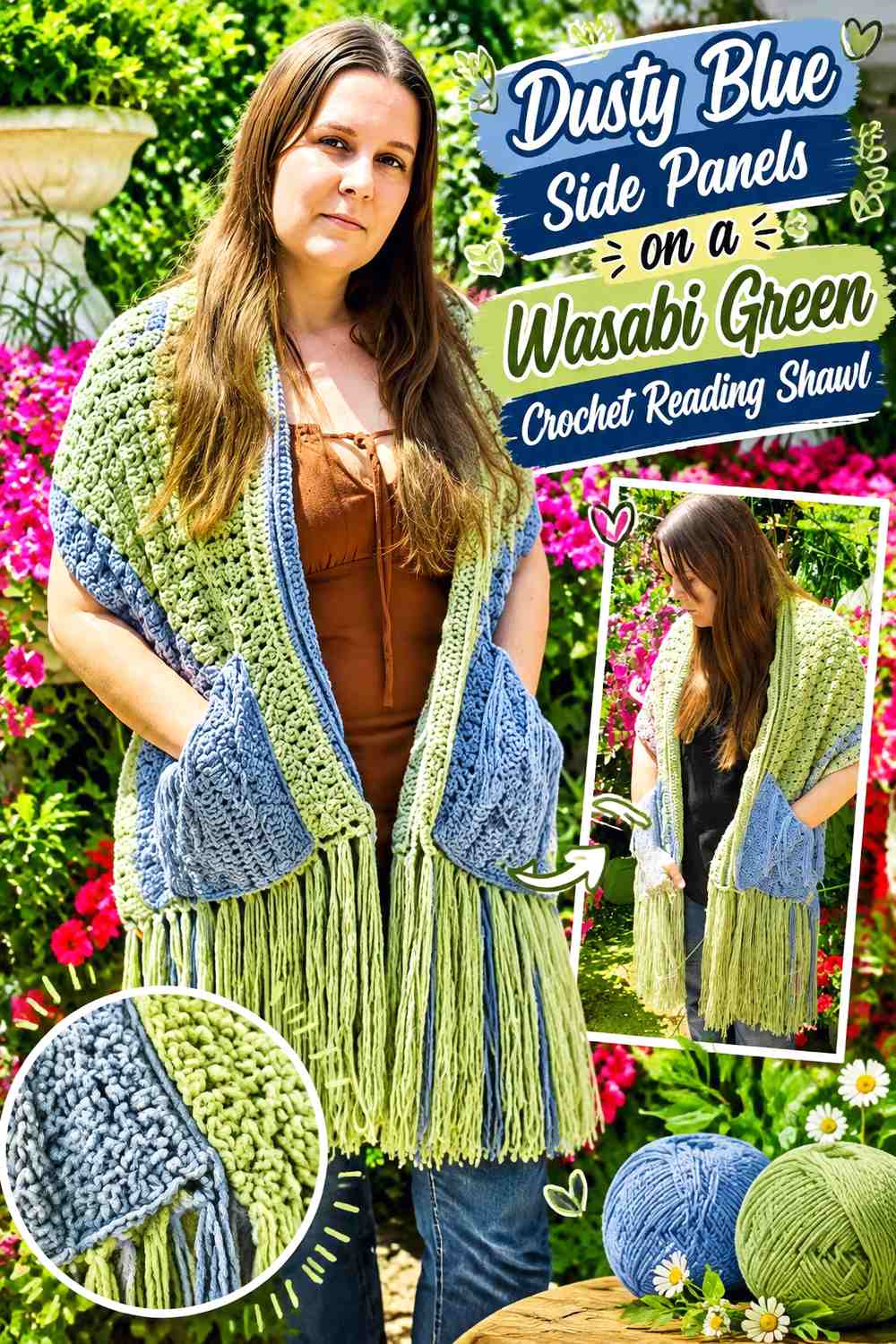 Dusty Blue Side Panels on a Wasabi Green Crochet Reading Shawl