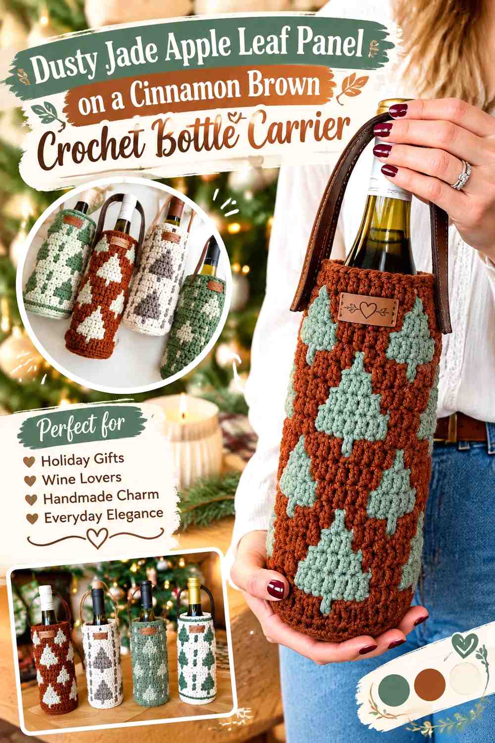 Dusty Jade Apple Leaf Panel on a Cinnamon Brown Crochet Bottle Carrier