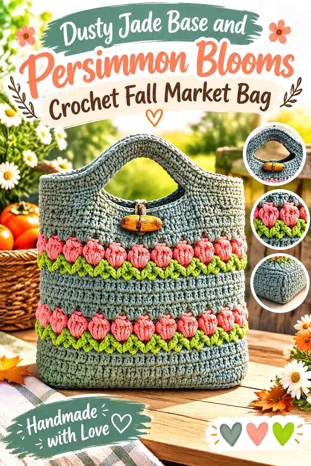 Dusty Jade Base and Persimmon Blooms Crochet Fall Market Bag