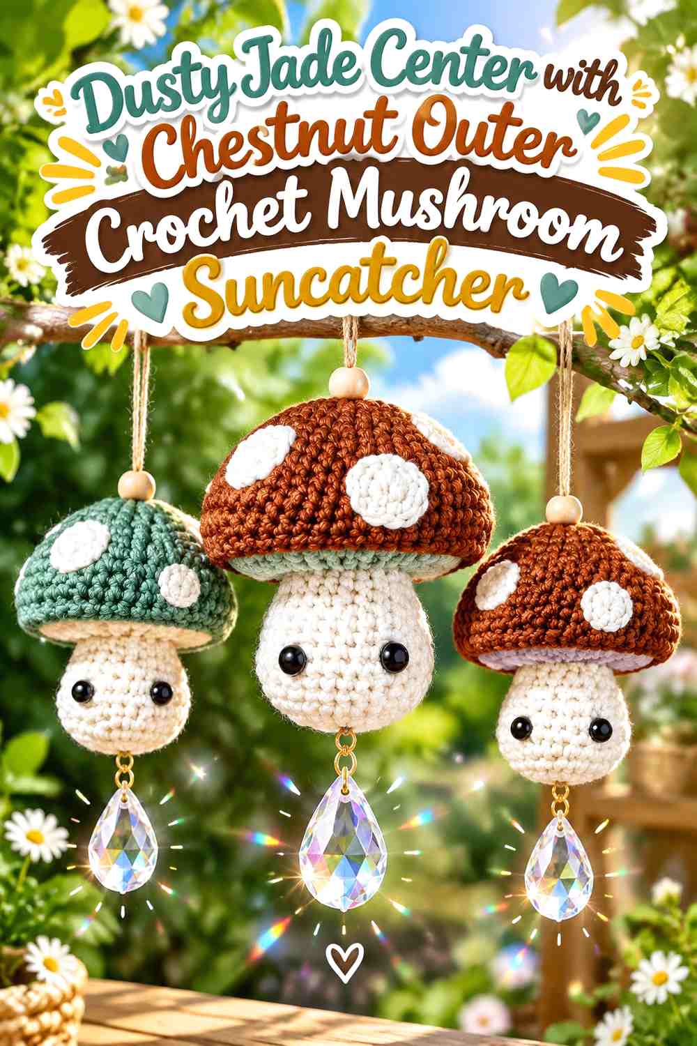 Dusty Jade Center with Chestnut Outer Crochet Mushroom Suncatcher
