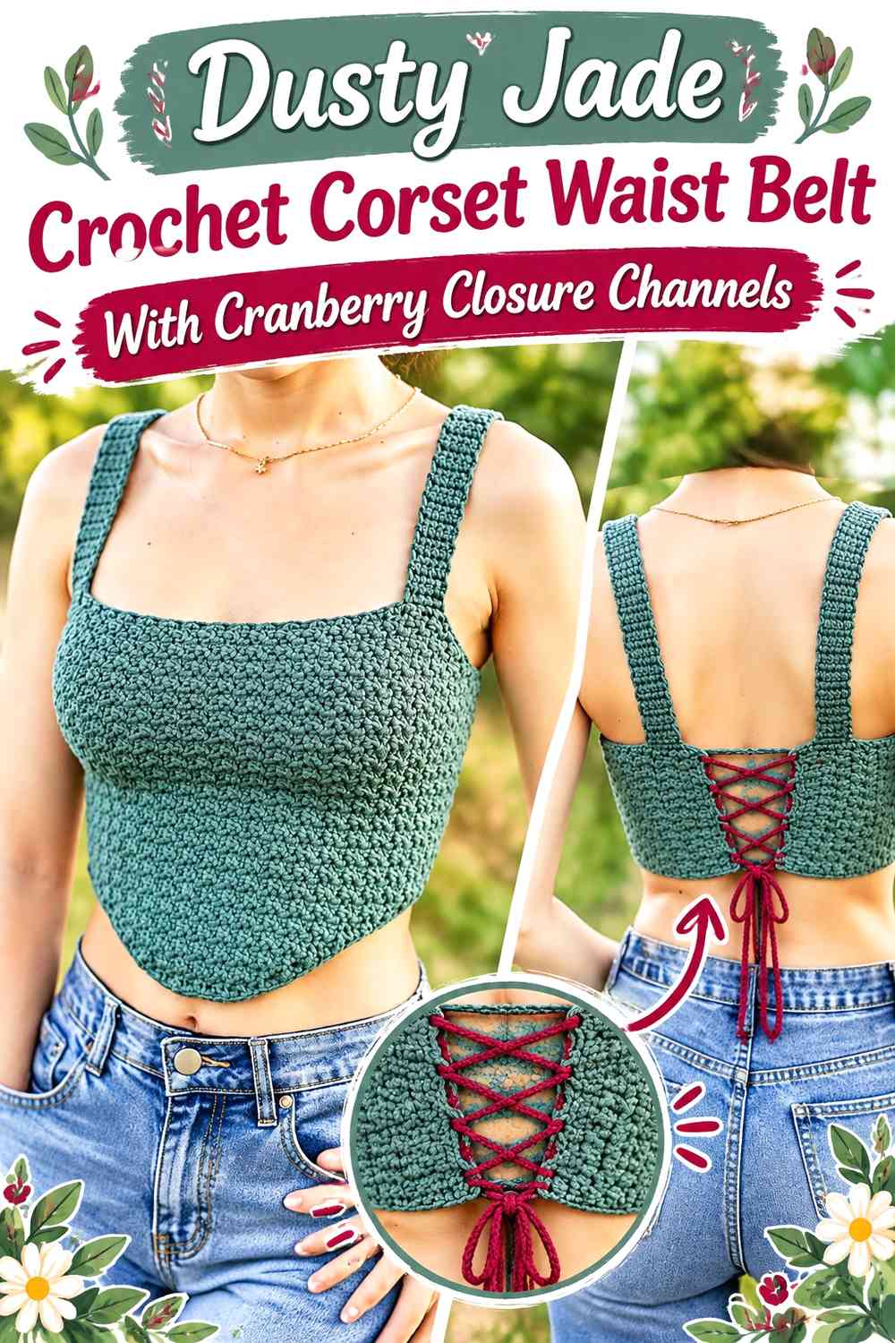 Dusty Jade Crochet Corset Waist Belt With Cranberry Closure Channels