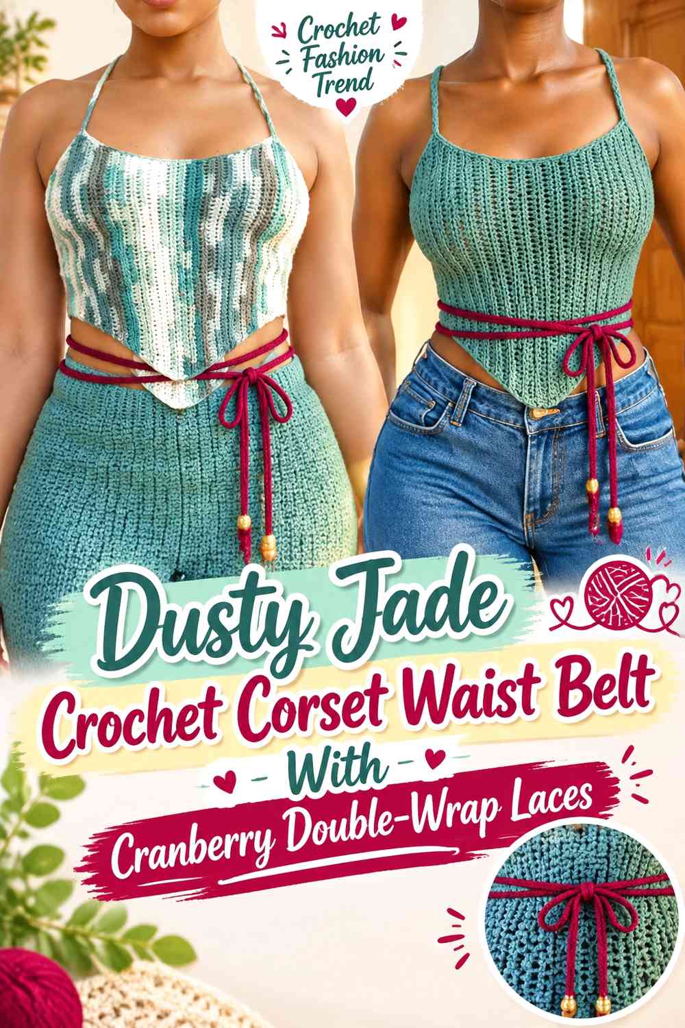 Dusty Jade Crochet Corset Waist Belt With Cranberry Double-Wrap Laces