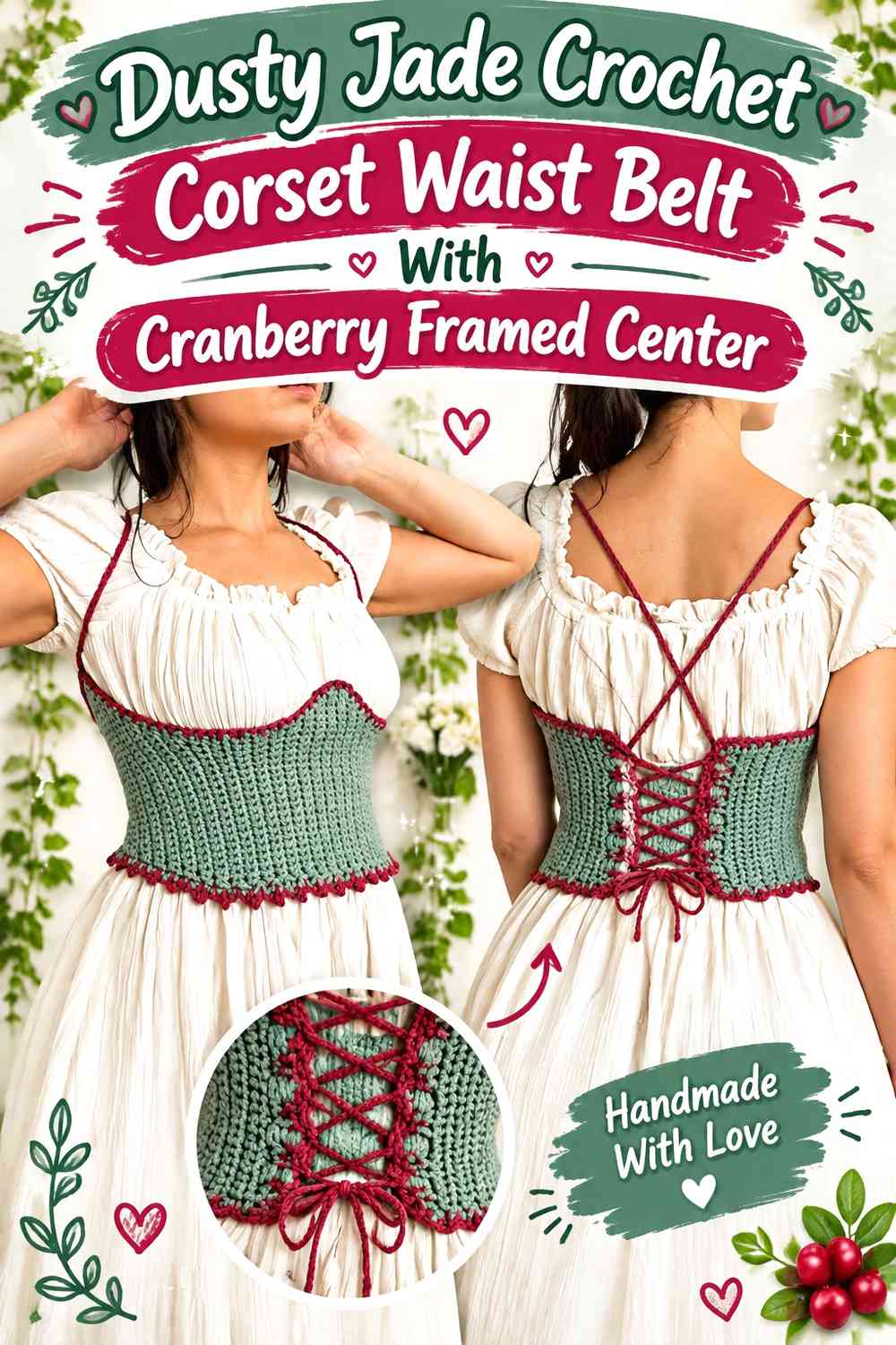 Dusty Jade Crochet Corset Waist Belt With Cranberry Framed Center