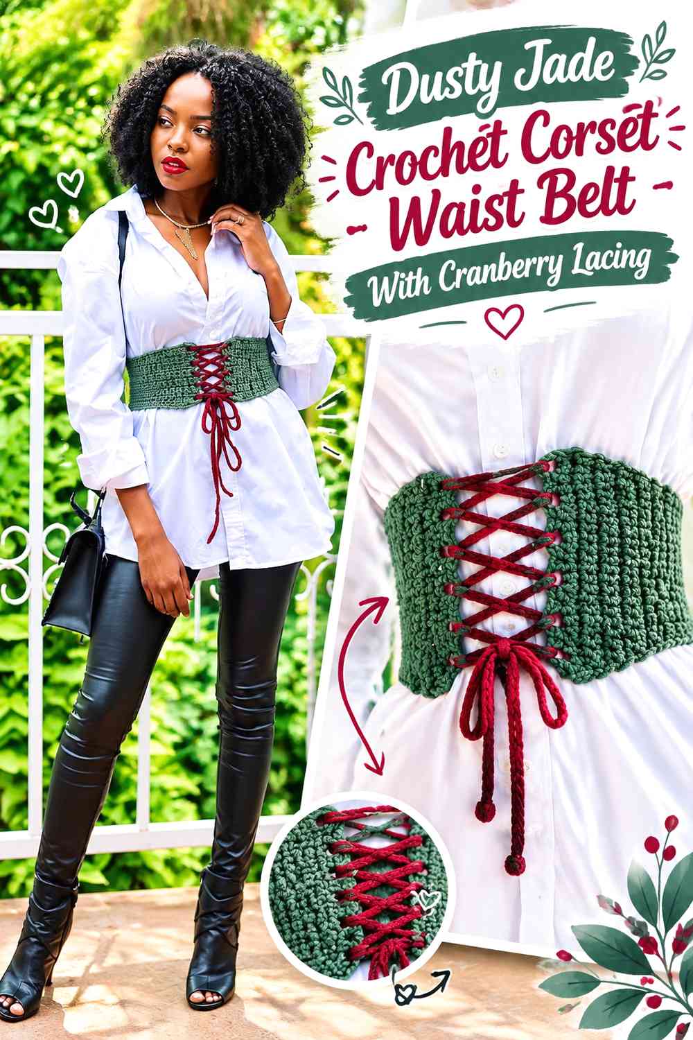Dusty Jade Crochet Corset Waist Belt With Cranberry Lacing
