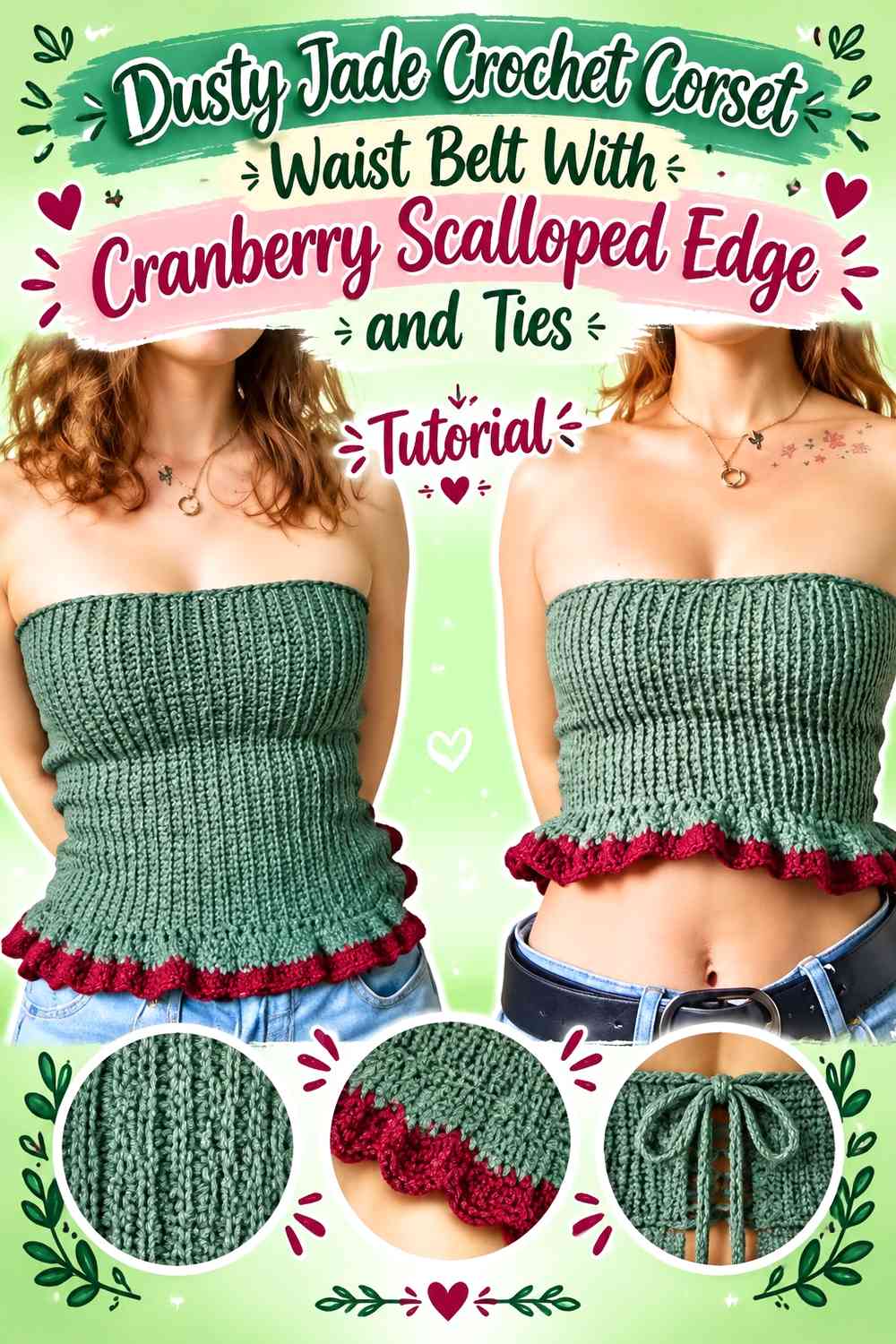 Dusty Jade Crochet Corset Waist Belt With Cranberry Scalloped Edge and Ties
