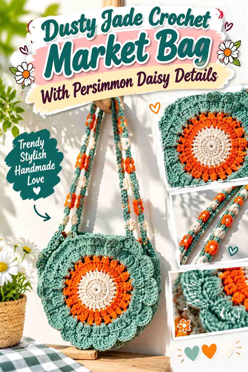 Dusty Jade Crochet Market Bag With Persimmon Daisy Details