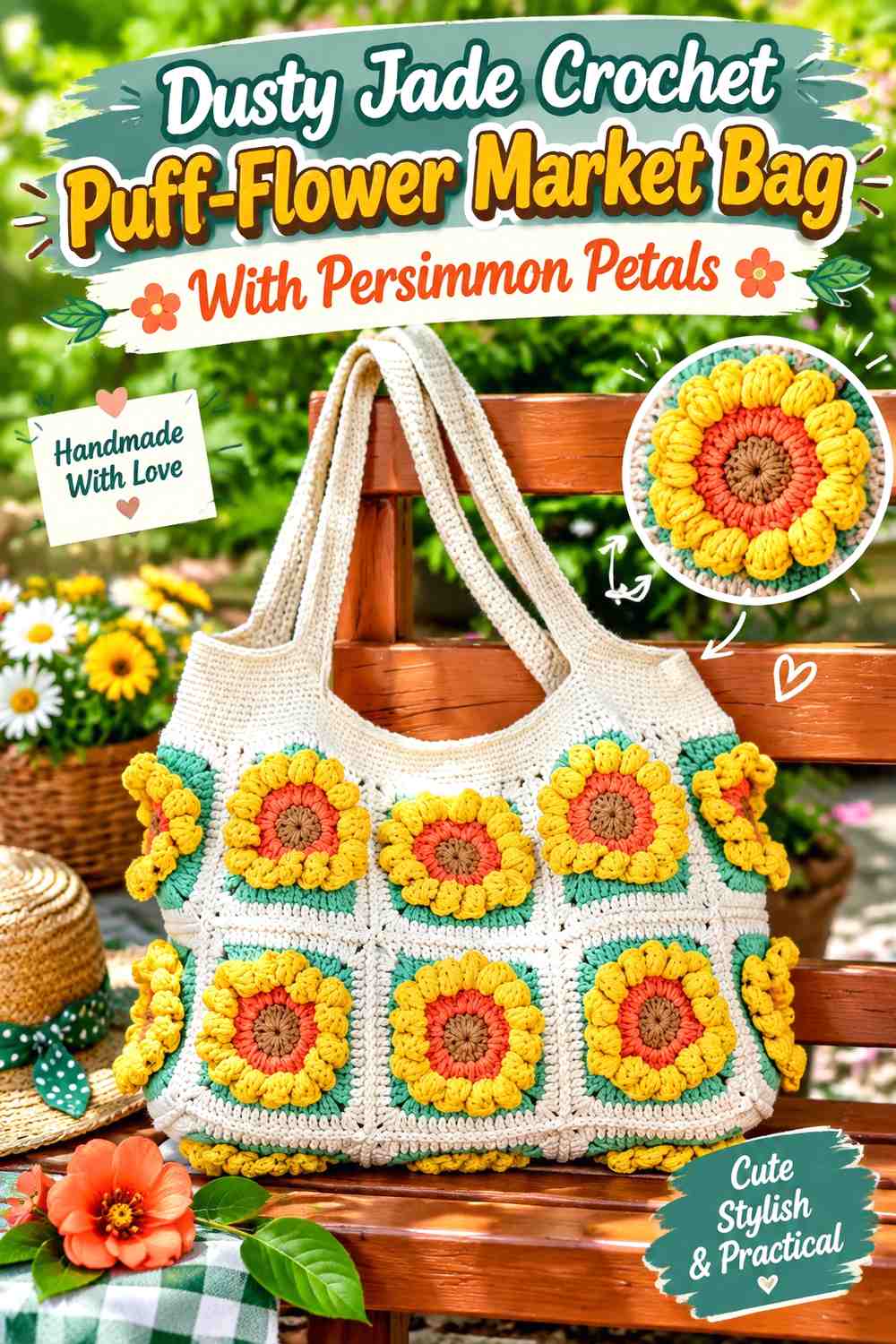 Dusty Jade Crochet Puff-Flower Market Bag With Persimmon Petals