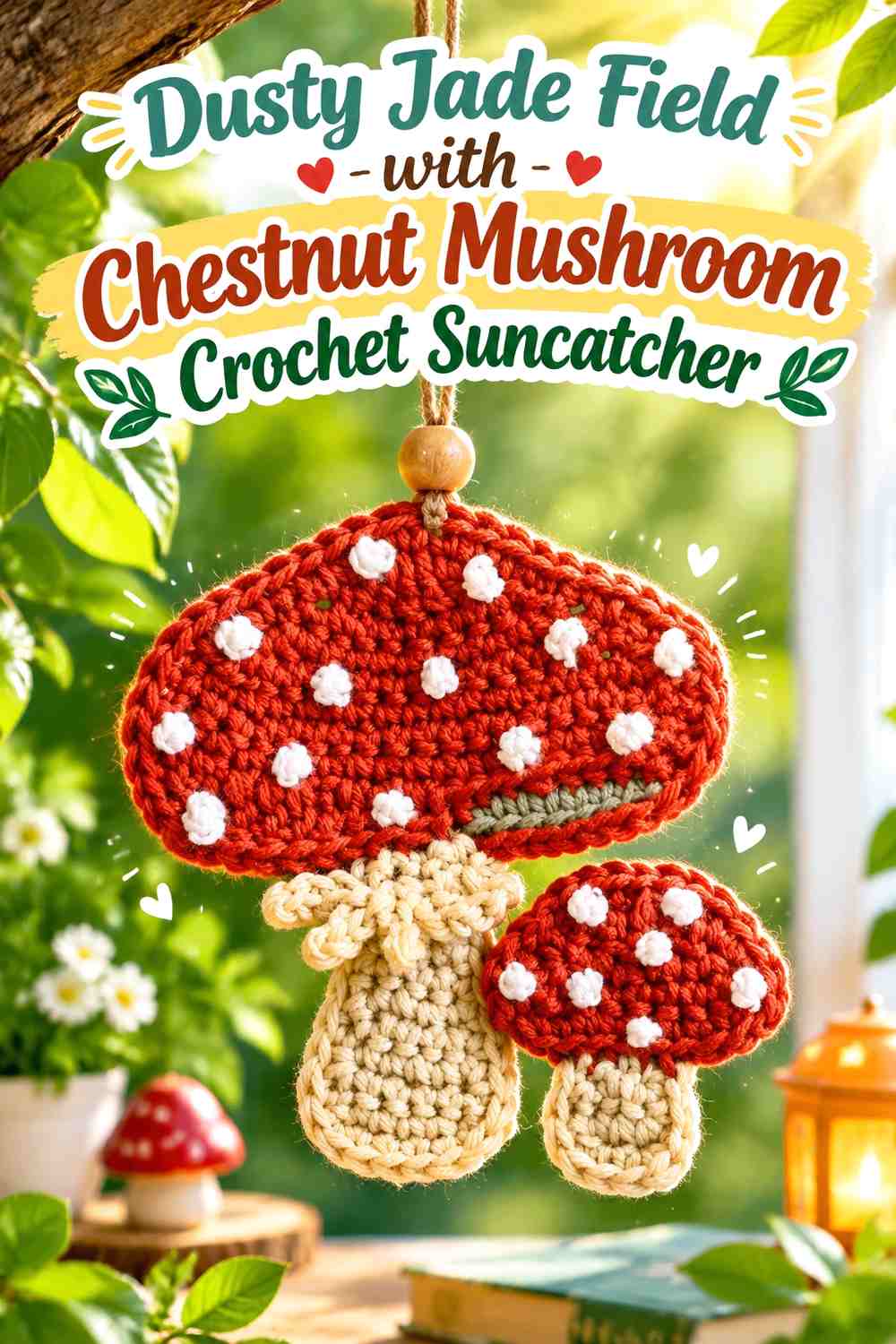 Dusty Jade Field with Chestnut Mushroom Crochet Suncatcher
