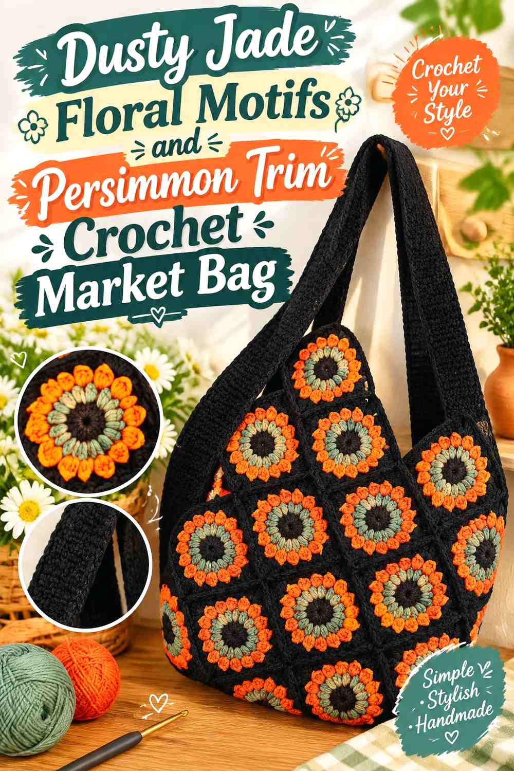Dusty Jade Floral Motifs and Persimmon Trim Crochet Market Bag