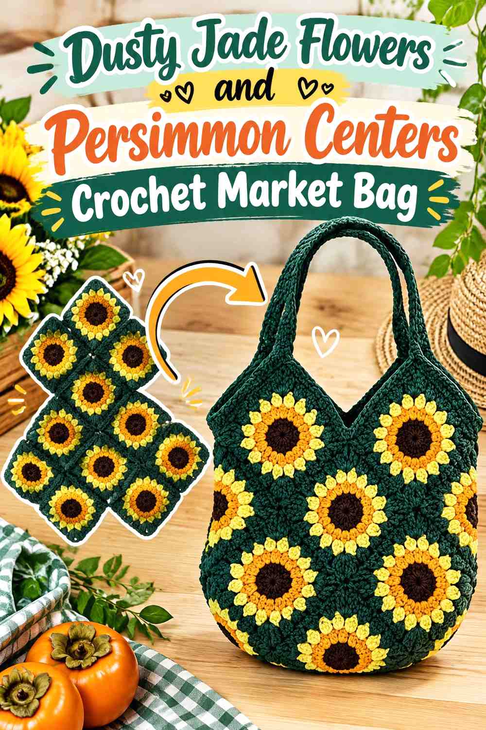 Dusty Jade Flowers and Persimmon Centers Crochet Market Bag