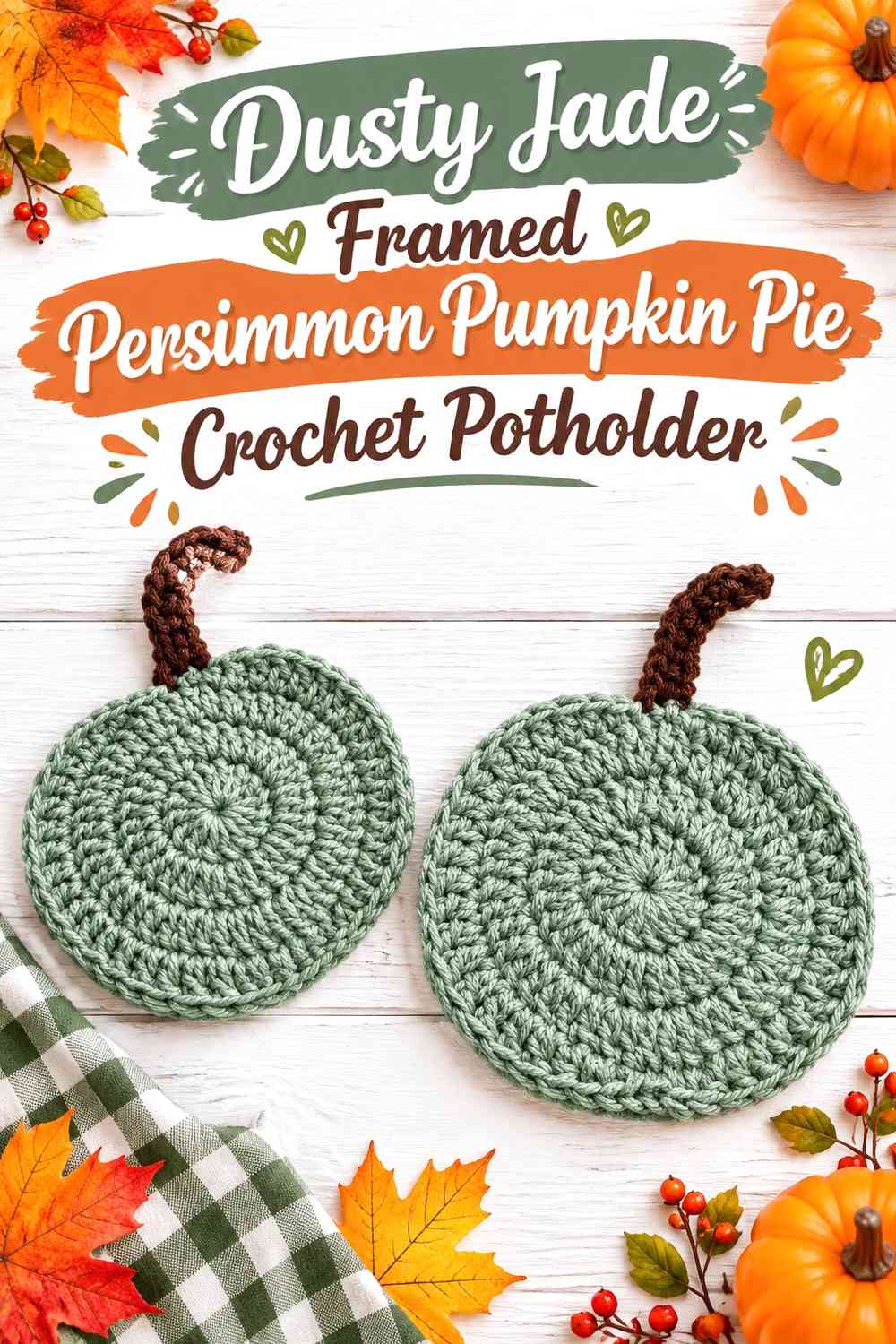 Dusty Jade Framed Persimmon Pumpkin Pie Crochet Potholder