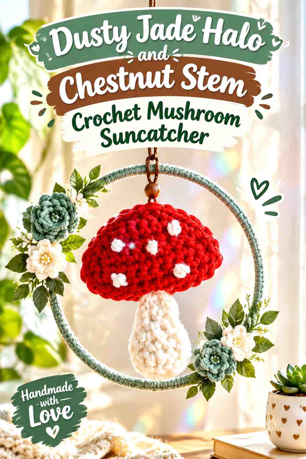 Dusty Jade Halo and Chestnut Stem Crochet Mushroom Suncatcher