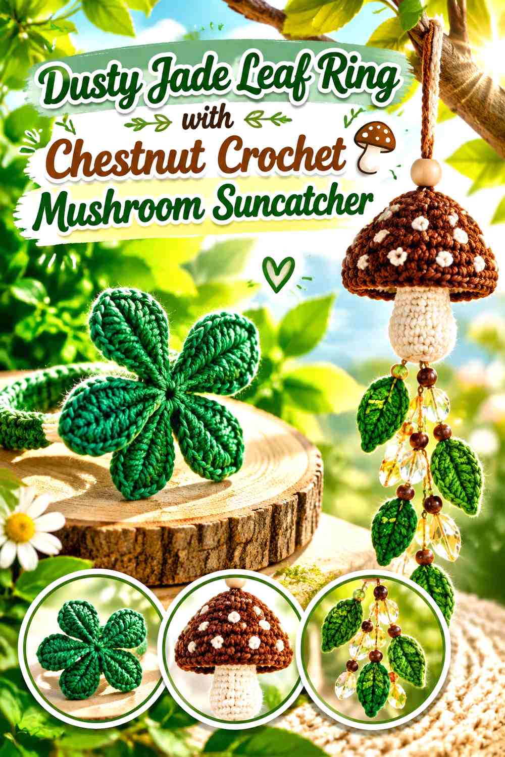 Dusty Jade Leaf Ring with Chestnut Crochet Mushroom Suncatcher