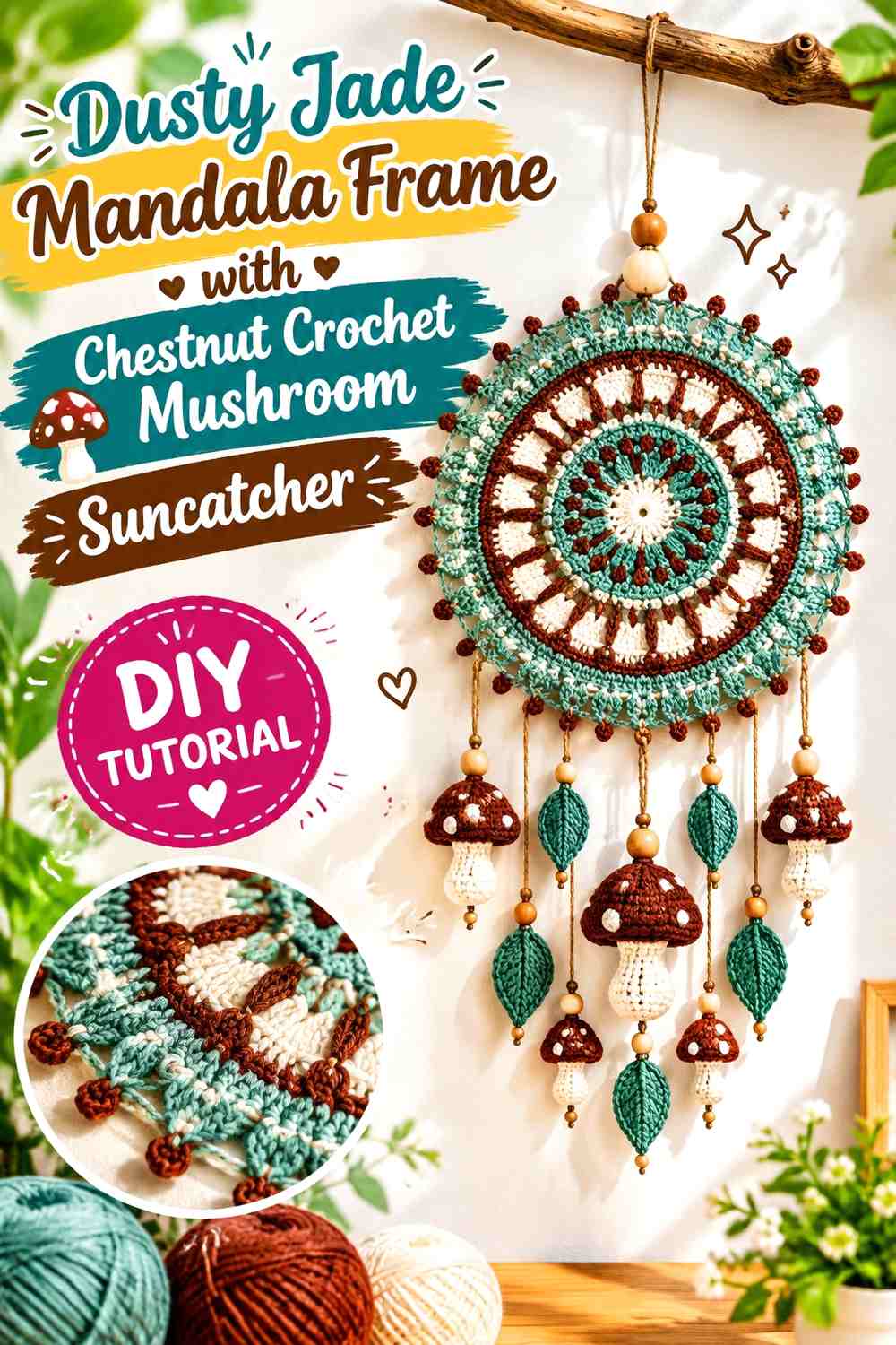 Dusty Jade Mandala Frame with Chestnut Crochet Mushroom Suncatcher