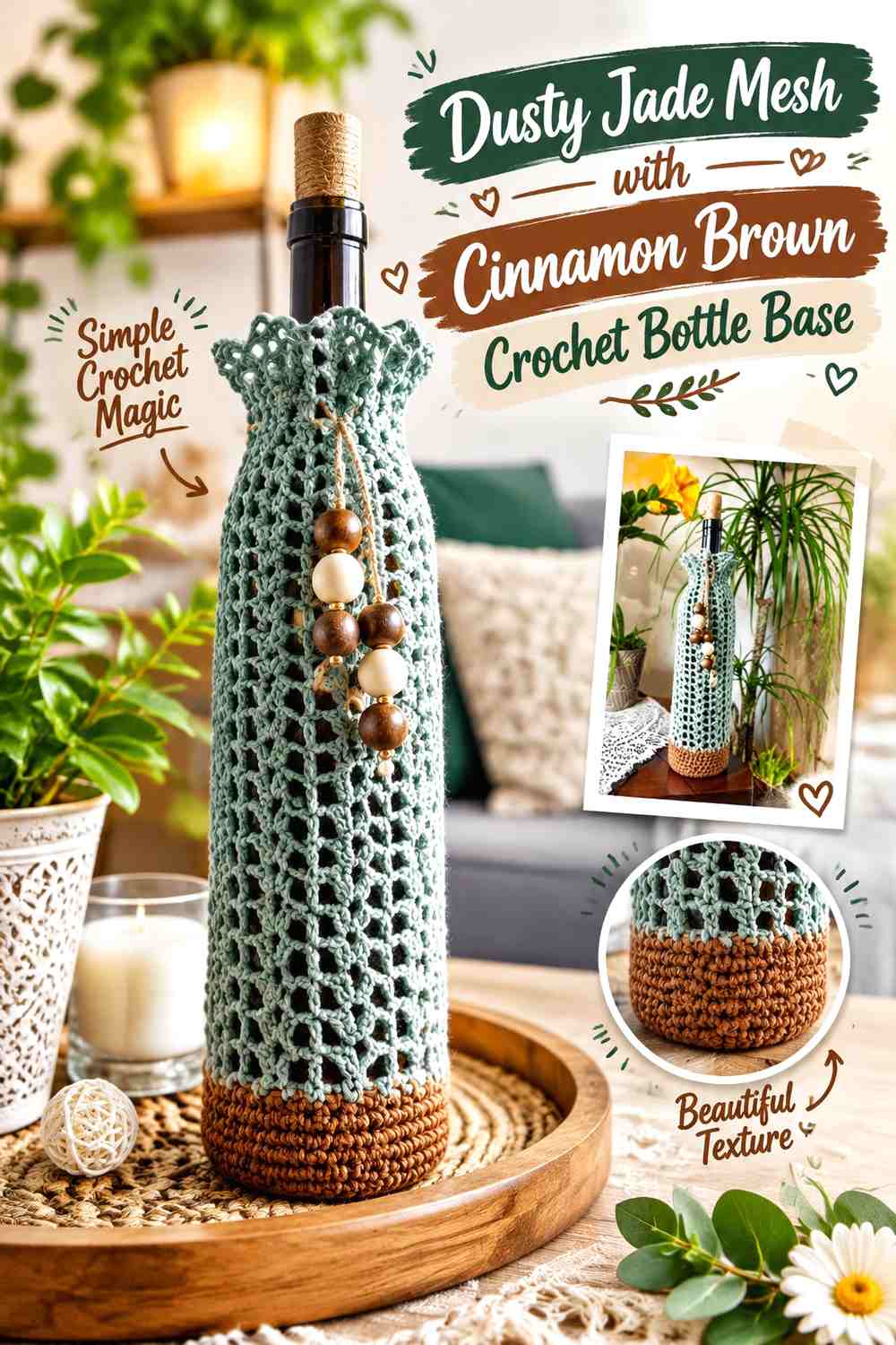 Dusty Jade Mesh with Cinnamon Brown Crochet Bottle Base