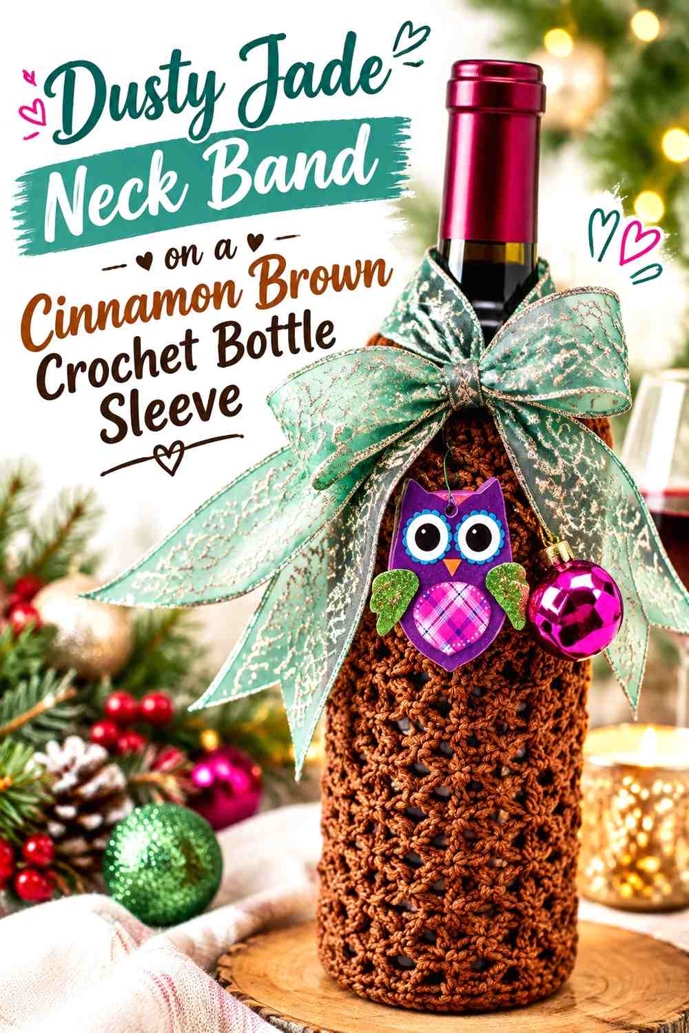 Dusty Jade Neck Band on a Cinnamon Brown Crochet Bottle Sleeve