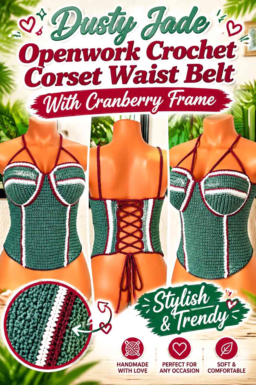 Dusty Jade Openwork Crochet Corset Waist Belt With Cranberry Frame