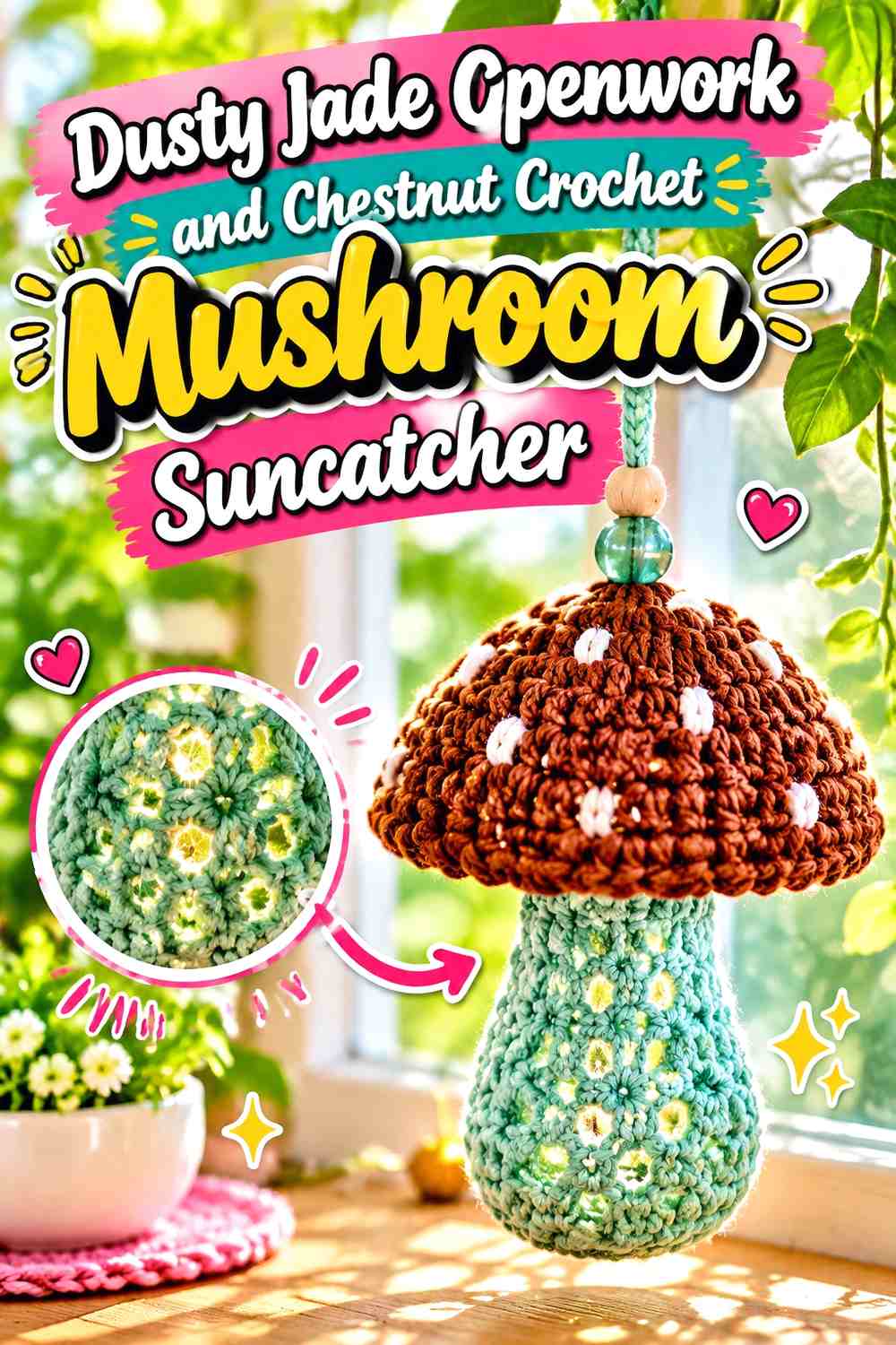 Dusty Jade Openwork and Chestnut Crochet Mushroom Suncatcher