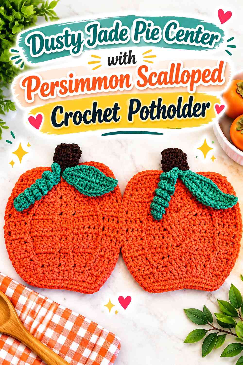 Dusty Jade Pie Center with Persimmon Scalloped Crochet Potholder