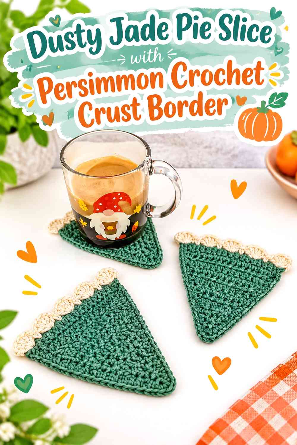 Dusty Jade Pie Slice with Persimmon Crochet Crust Border