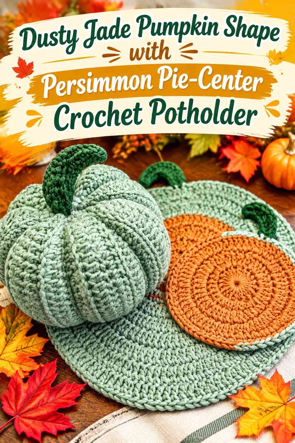 Dusty Jade Pumpkin Shape with Persimmon Pie-Center Crochet Potholder