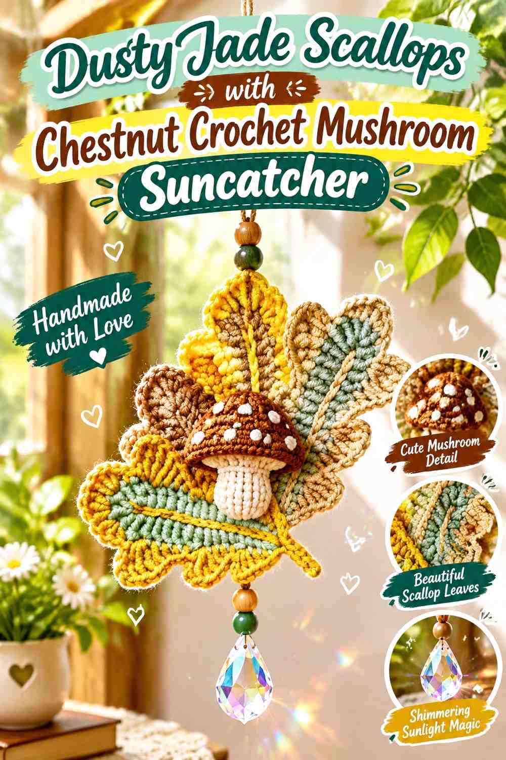Dusty Jade Scallops with Chestnut Crochet Mushroom Suncatcher