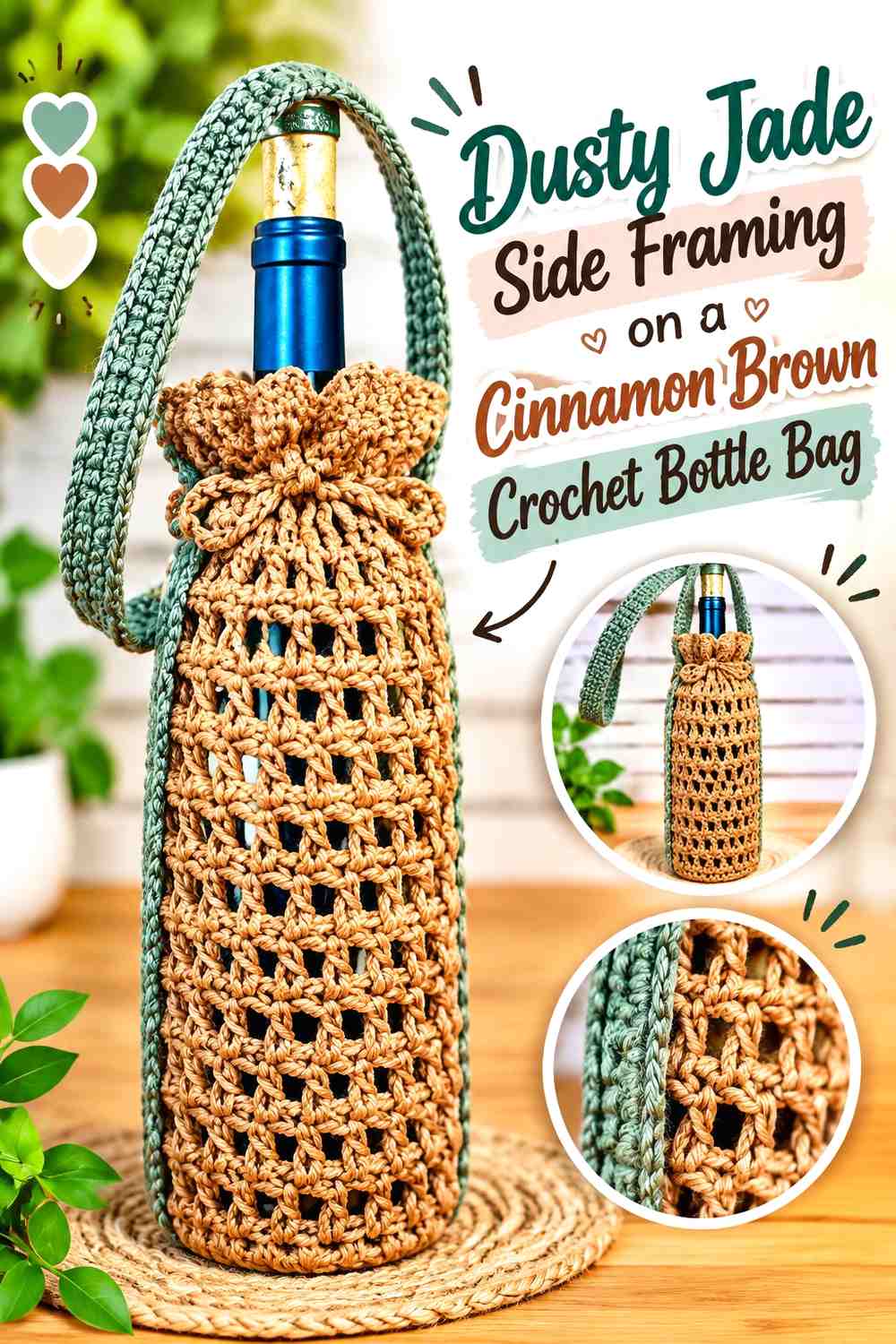 Dusty Jade Side Framing on a Cinnamon Brown Crochet Bottle Bag