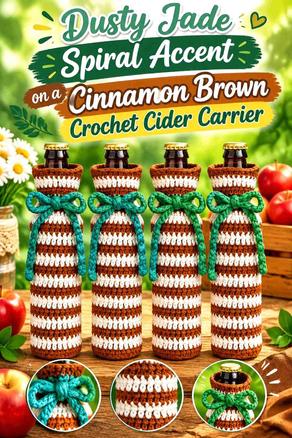 Dusty Jade Spiral Accent on a Cinnamon Brown Crochet Cider Carrier