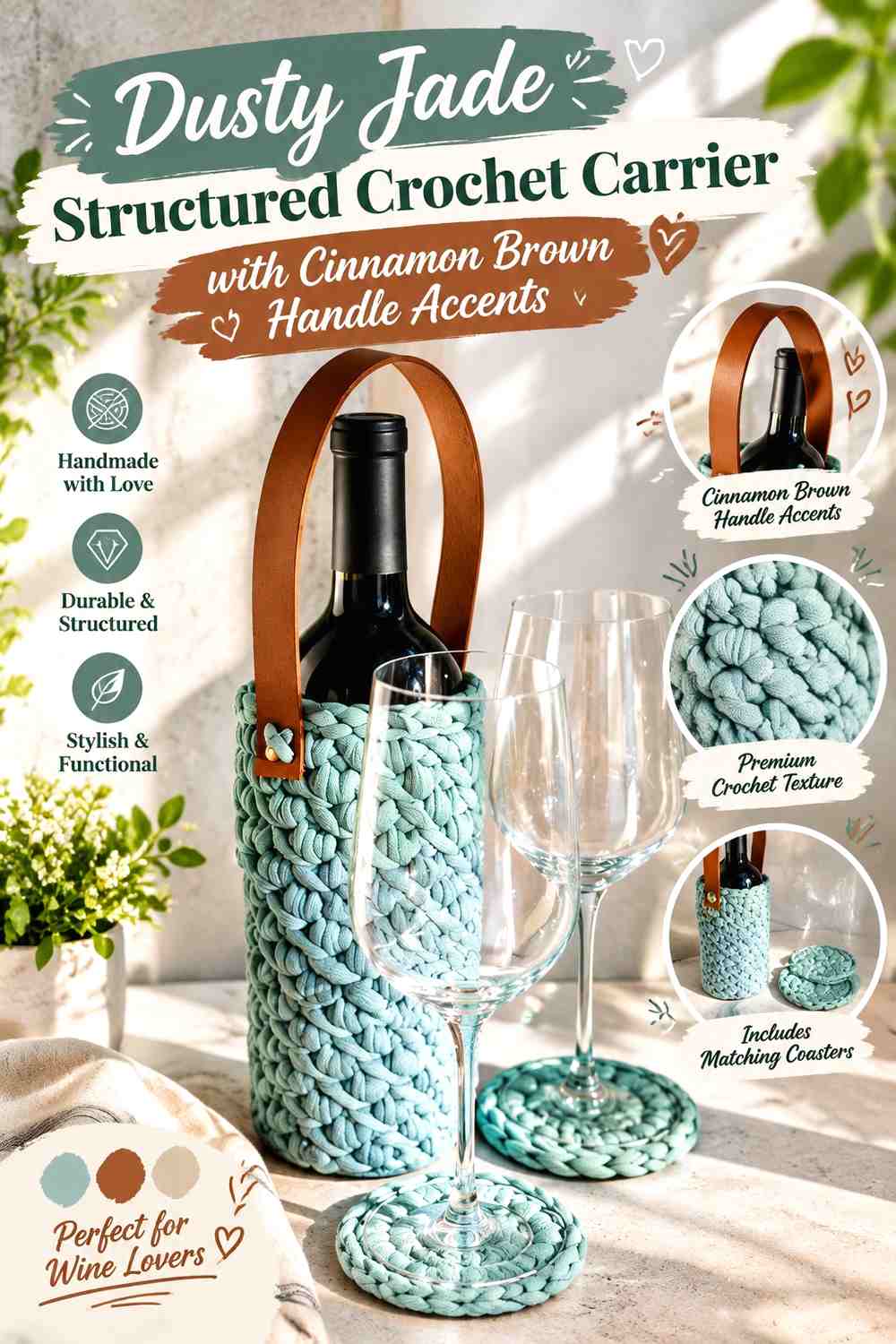 Dusty Jade Structured Crochet Carrier with Cinnamon Brown Handle Accents